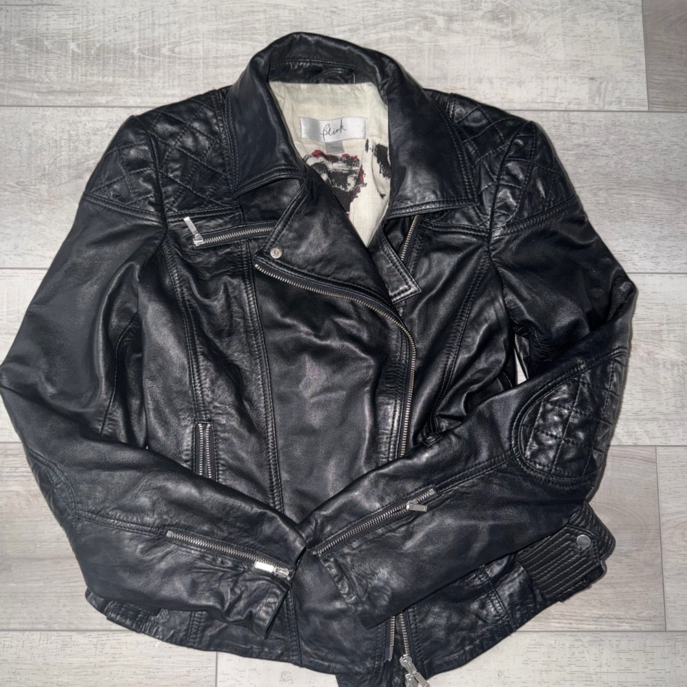 Blink biker Black Leather Jacket with Quilted Accents